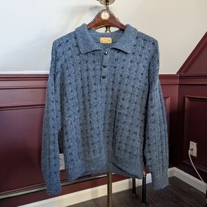 Vintage 100% Baby Alpaca MIA ALPACA FINNA Blue Knit Collared Sweater Peru Knit